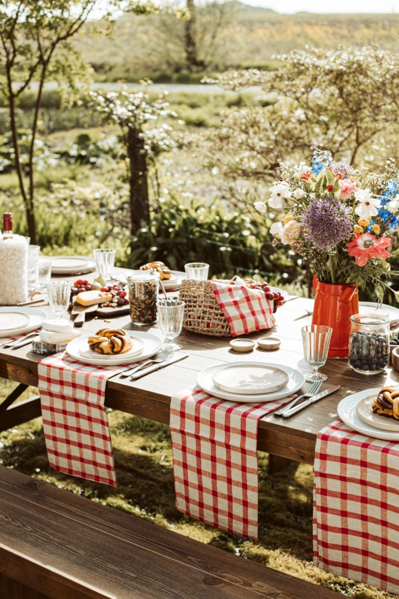 gingham red linen table napkin